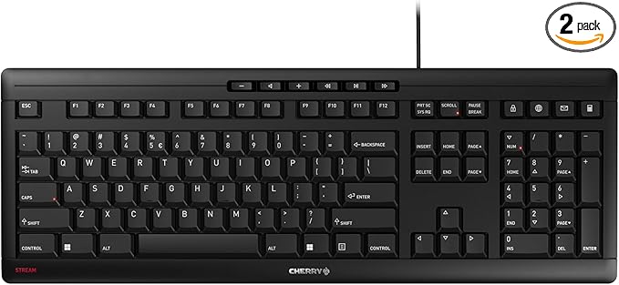 Cherry Stream Keyboard, Wired Keyboard for PC/Laptop, Whisper Quiet Silent Keys, Unique Typing Feel, Slim Design, SX Scissor Switches, USB-A, QWERTY, Black
