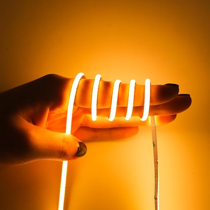 3mm COB Strip Light, DC 12V Golden Yellow 16.4ft Flexible Cuttable Ultra-Thin LED Tape CRI>90 Uniform Dotless 400LEDs/M LED Light for Christmas Bedroom Home Kitchen Cabinet Decor (NO Power Supply)