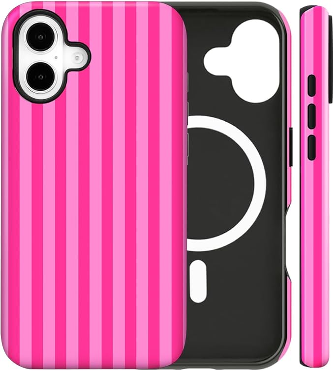 Magnetic for iPhone 17 Case Cute Stripes Phone Case, Shockproof Slim TPU and Hard PC Protective Phone Cover Compatible with MagSafe Designed for Women Girls, Deep Pink