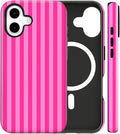 Magnetic for iPhone 16 Case Cute Stripes Phone Case, Shockproof Slim TPU and Hard PC Protective Phone Cover Compatible with MagSafe Designed for Women Girls, Deep Pink