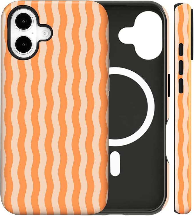 Magnetic for iPhone 16 Case Cute Wavy Stripes Phone Case, Shockproof Slim TPU and Hard PC Protective Phone Cover Compatible with MagSafe Designed for Women Girls, Orange
