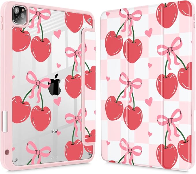 Mektron Case for iPad Pro 11 inch (4th, 3rd, 2nd & 1st Gen) 2022 2021 2020 2018, Buit in Pencil Holder with Shockproof Cover Clear Shell + Trifold Stand + Auto Wake/Sleep, Cherries Bows C353