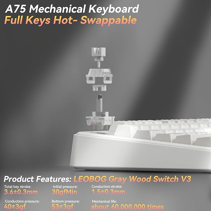 SOLAKAKA A75 75% Wireless Mechanical Keyboard, Hot Swappable Gaming Keyboard with Multifunction Knob & RGB, Gasket Mounted Creamy Keyboard, PBT Keycaps, Compact Layout for Win/Mac/PC