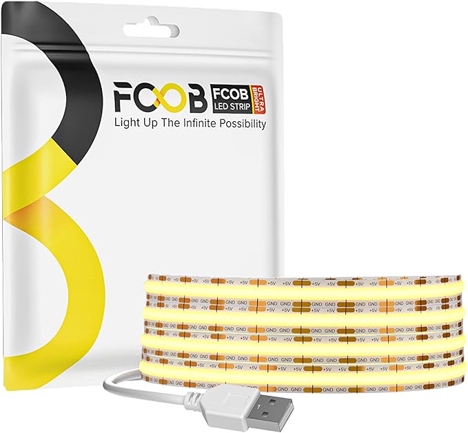 USB LED Light Strip 6.56FT, 5 Volt USB Powered COB LED Tape Lights, 3000K Warm White 8mm High Density Flexible Strips CRI90+ for TV Backlight Under Cabinet Bedroom, No Controller and Power