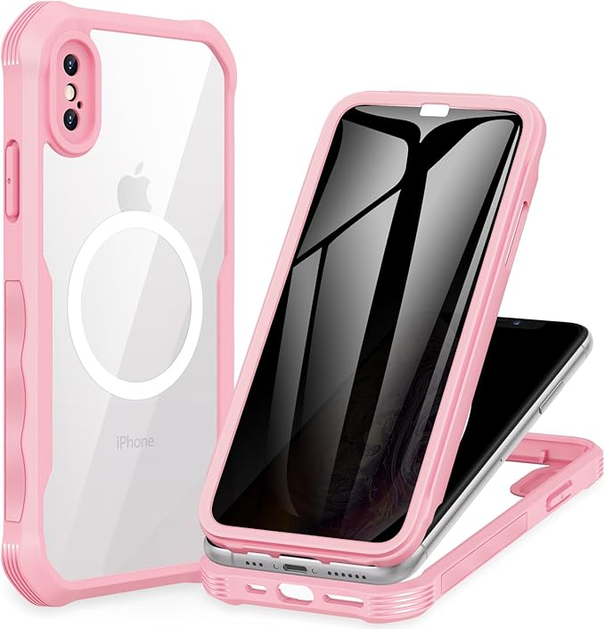 CENHUFO Magnetic Privacy for iPhone X Case/iPhone Xs Case, Full Body Phone Case Built-in 9H Tempered Glass Privacy Screen Protector [Compatible with Magsafe] Shockproof Bumper Clear Cover - Pink