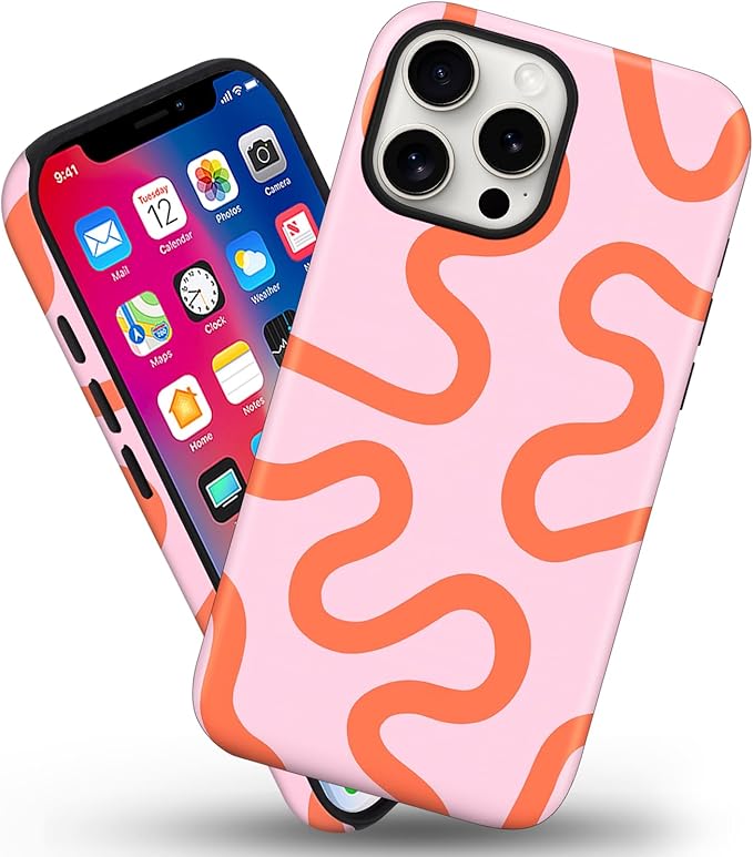 Magnetic for iPhone 15 Case Cute Curved Stripes Phone Case, Shockproof Slim TPU and Hard PC Protective Phone Cover Compatible with MagSafe Designed for Women Girls,Pink