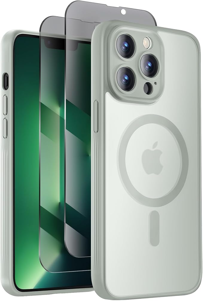 Symcele Designed for iPhone 13 Pro Case, Compatible with MagSafe, with Privacy Screen Protectors X2, [Camera Protection] [15FT Military Drop Protection] Shockproof Phone Case, 6.1", Calke Green