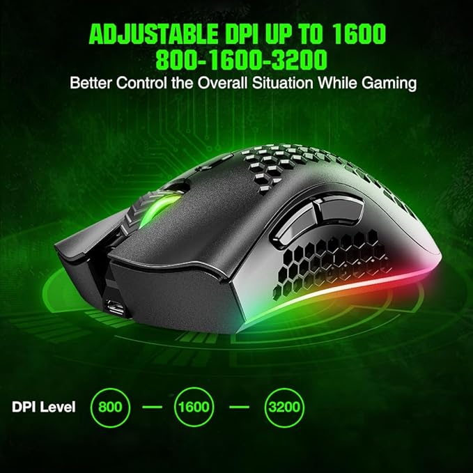 WolfLawS KM-1 Gaming Mouse, Wireless Mouse Gaming Computer Mice USB with Honeycomb Shell, 6 Programmed Buttons, 3 Adjustable DPI, Ergonomic RGB Optical Mouse for PC Mac Laptop