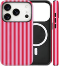 Magnetic for iPhone 17 Pro Case Cute Stripes Phone Case, Shockproof Slim TPU and Hard PC Protective Phone Cover Compatible with MagSafe Designed for Women Girls, Pink and White