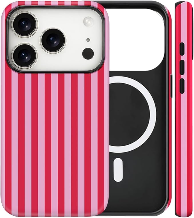Magnetic for iPhone 17 Pro Max Case Cute Stripes Phone Case, Shockproof Slim TPU and Hard PC Protective Phone Cover Compatible with MagSafe Designed for Women Girls, Pink and White