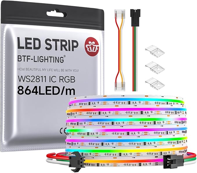 BTF-LIGHTING FCOB WS2811 IC RGB COB LED Strip 864LED/m Flexible High Density Color Chasing Uniform Light DC12V 16.4FT 24IC/m 12mm Width for DIY Lighting Projects(No Adapter or Controller)