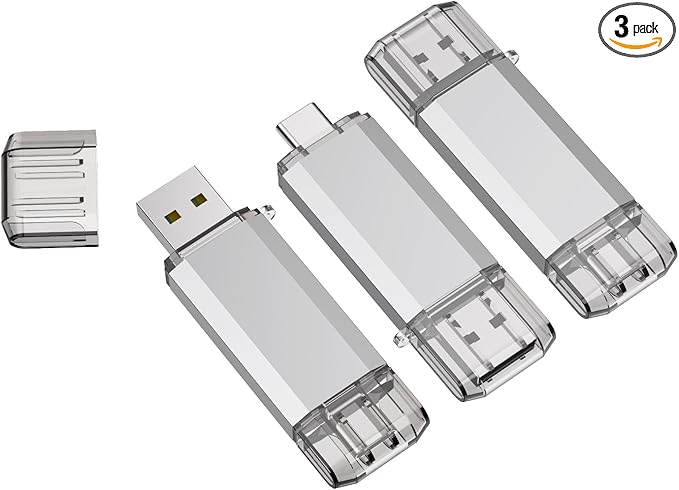 RAOYI 3 Pack 32GB USB C Flash Drive, 2 in 1 USB 3.0 Type C Dual OTG Metal Thumb Drive Jump Drive Memory Stick with Keychain Suitable for USB-C Smartphones, MacBook, Computers and Tablets (Silver)