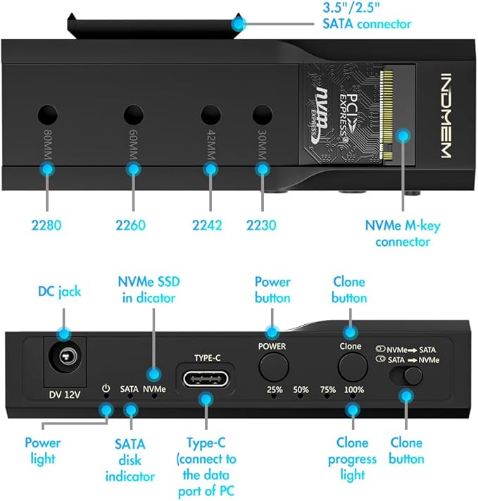 M.2 NVMe SSD Enclosure Adapter, 10Gbps SATA & M.2. NVMe Dual Bay Offline Clone USB-C Adapters Supports 3.5"/2.5" SATA SSD, Type-C Standalone Clone Duplicator