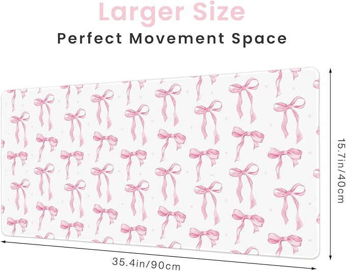 Large Desk Mat with Pink Bows, Cute Mouse Pad Pink Keyboard Mat for Computer Laptop Non-Slip Rubber Base, Girly Office Mat Desktop Pad Office Supplies Accessories for Teen Girls Women 35.4 x 15.7in