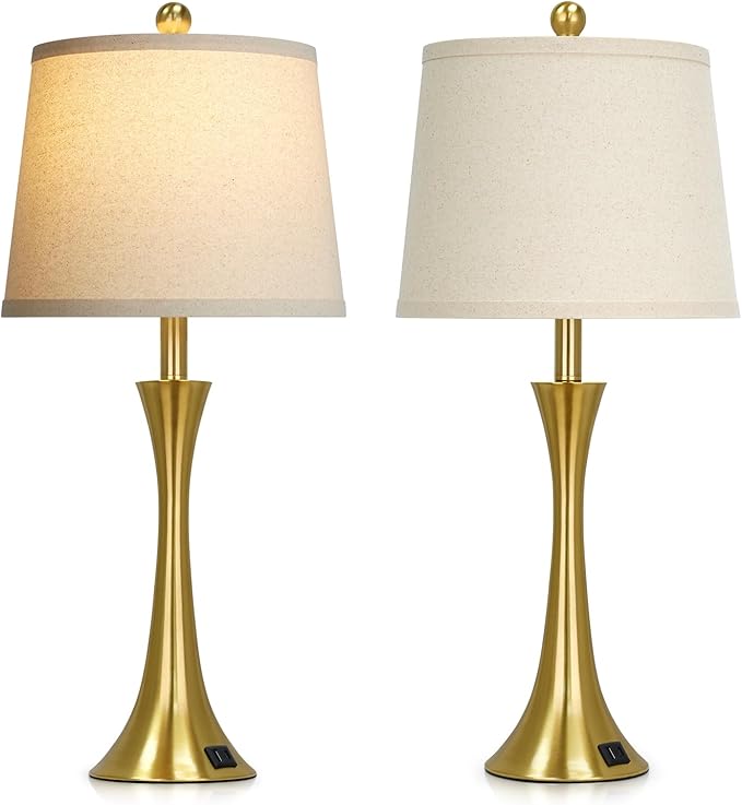 Rinweey 27.5" Gold Lamps Set of 2, Touch Control 3-Way Dimmable Bedside Nightstand Lamps Bedroom Lamp,Modern Gold Table Lamp with USB A+C Ports,Tall Lamps for Living Room End Table Home Office
