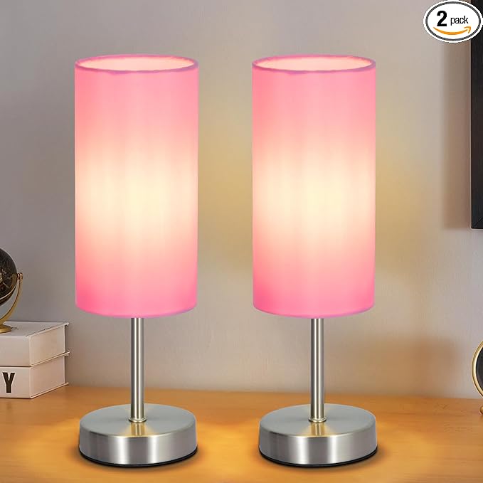 RISLG 2 Pack Small Table Lamps for Bedroom, Bedside Lamps for Nightstand with Wire Switch, Minimalist Modern Desk Lamps with Linen Fabric Shade for Kids Room Living Room Office Dorm, Bulb Included