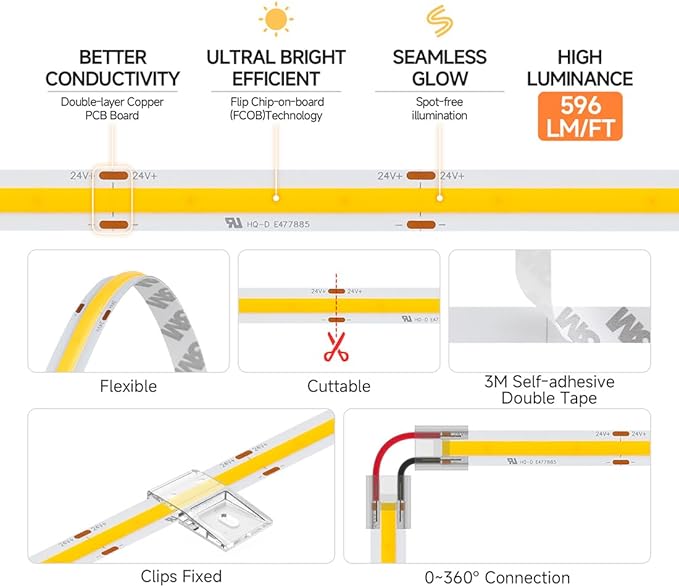 BTF-LIGHTING FCOB COB LED Strip 2700K 596+LM/FT Super Bright UL Listed DC24V 32.8FT 480LED/m 10mm Width Flexible High Density CRI 90+ Dimmable LED Light for Home Indoor Decor(No Controller or Adapter)