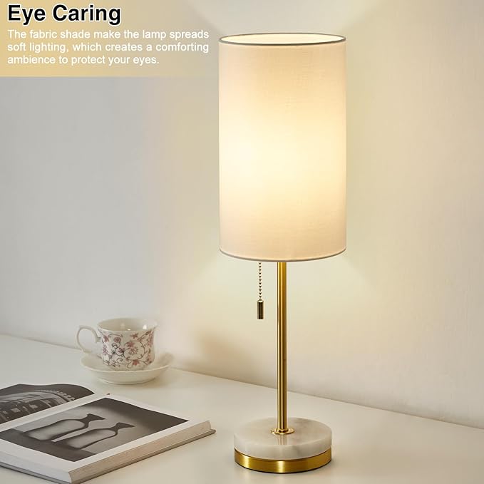 Desk Lamp & Table Lamp Set of 2, Bedside Lamps for Night Stands - Modern Small Table Lamps with Marble Base, Fabric Shade, Mini Pull Chain Bedroom Lamps for Living Room, Office, Reading (Gold)