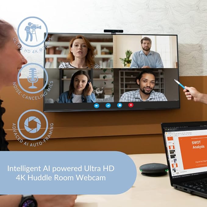 Boom Mezzo 4K AI Auto-Framing Conference Camera, 115° Ultra Wide ePTZ Video Bar with Dual Mics, USB 3.0 Plug-and-Play, Zoom Certified Huddle Room Webcam for Teams/Meet/Zoom