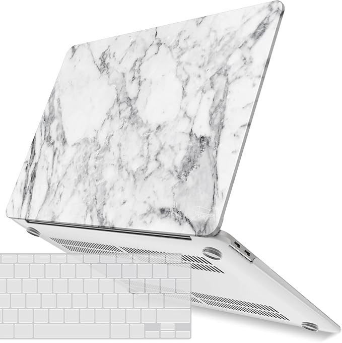 IBENZER Compatible with New MacBook Air 13 inch Case 2022 2021 2020 M1 A2337 A2179 A1932, Plastic Hard Shell Case with Keyboard Cover for Mac Retina Display with Touch ID, White Marble, MAT13-WHMB+1