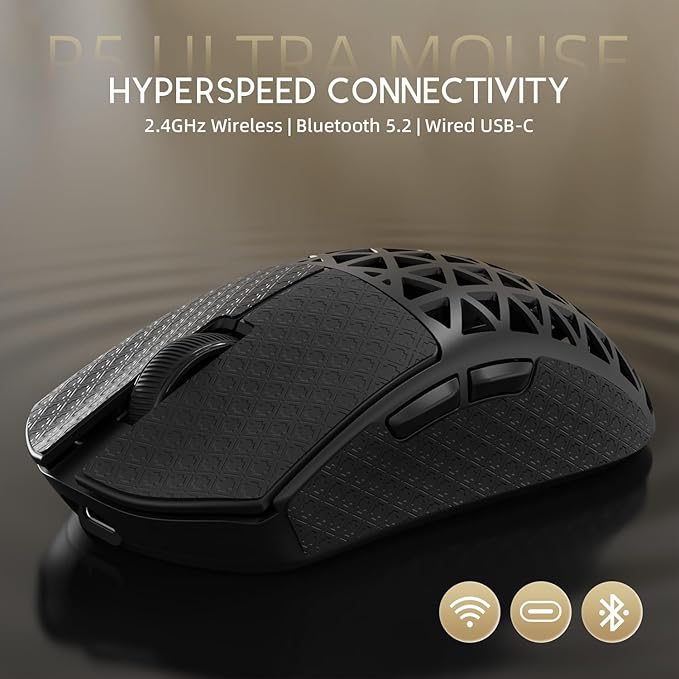 ATTACK SHARK R5 Ultra Wireless Gaming Mouse,Carbon Fiber Shell 39g Superlight,PAW3950MAX Nordic 52840 MCU 8K Polling 42K DPI Optical Sensor,BT/2.4G/USB-C Wired Mice with Coiled Cable-Black&Griptape