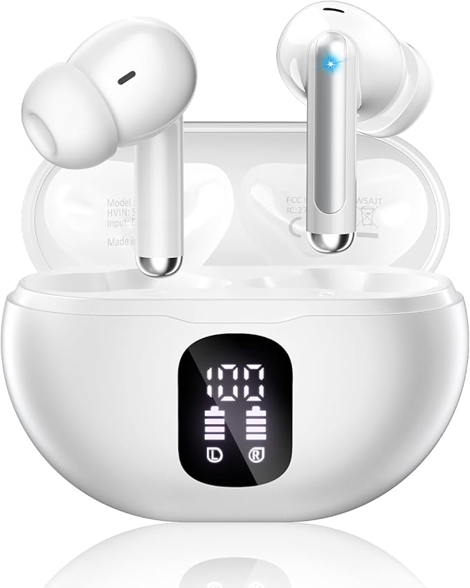 XIAOWTEK Wireless Earbuds, Bluetooth 5.4 Headphones with 50H Playback, Deep Bass Stereo Ear Buds Clear Calls with LED Power Display (White)