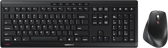 Cherry Stream Desktop Comfort, Wireless Keyboard and Mouse Combo, 2.4 GHz Connection, Whisper-Quiet Keys, Ergonomic Right-Handed Mouse, Battery-Powered, Black