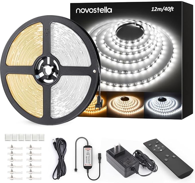 Novostella 40ft Tunable White LED Strip Light 1344 LEDs Dimmable 3000K-6500K 24V Remote Flexible LED Tape for Christmas Living Room Cabinet Counter Bedroom Home Kitchen Bar Ceiling Daylight Warm White