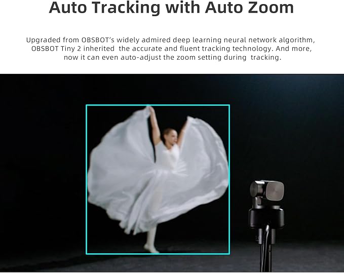 OBSBOT Tiny 2 AI-Powered PTZ 4K Webcam 1/1.5" CMOS 4X Faster Focusing USB 3.0 10x Faster Data Transmission Voice Control, W Tiny Smart Remote 2