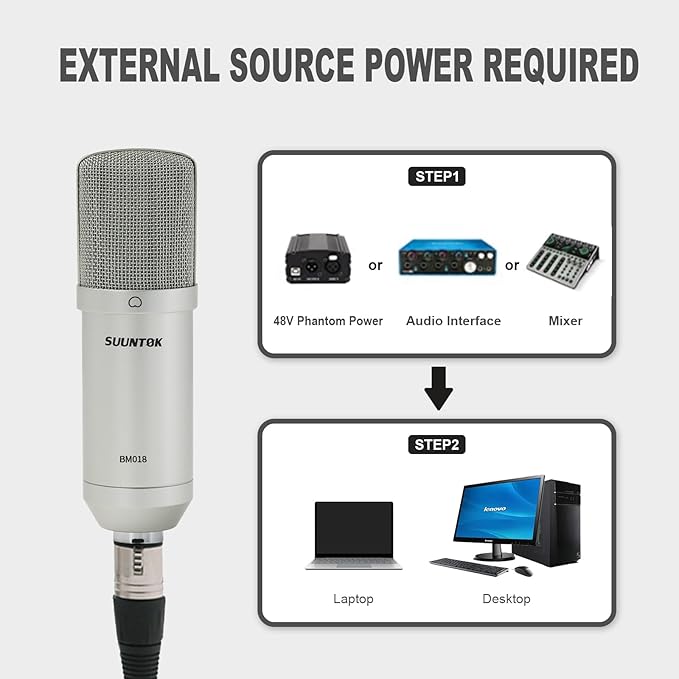 SUUNTOK XLR Condenser Microphone Recording Microphone for PC Computer Home Studio Cardioid Podcast Mic Kit for Streaming, ASMR, YouTube, Voice-Over, Gaming, Vocal (Silver)
