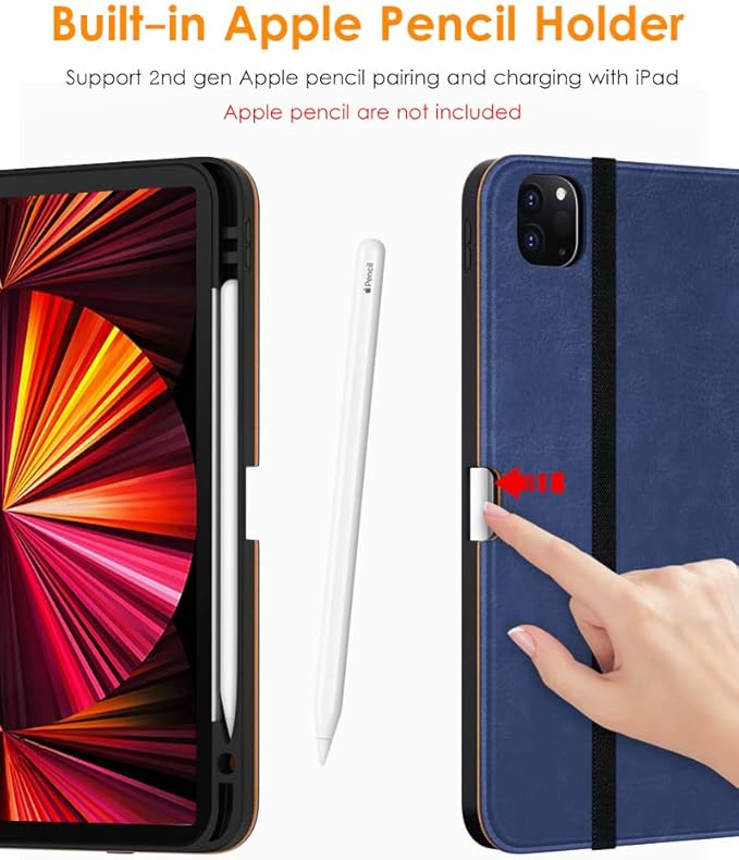 DTTO Case for iPad Pro 11 Inch 4th / 3rd / 2nd / 1st Generation 2022/2021/2020/2018,Premium PU Leather Folio Stand Cover with Hand Strap, Auto Wake/Sleep,Multiple Viewing Angles, Navy Blue