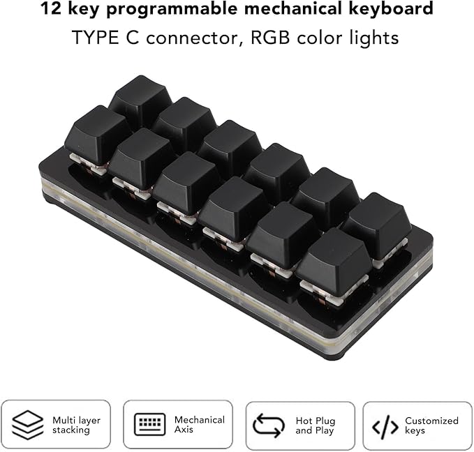VBESTLIFE 12 Key Mechanical Gaming Keyboard, One Handed Keypad, USB C Wired OSU Keypad, Programmable Hot Swappable Keyboard for Linux, for OS X, for (Black)