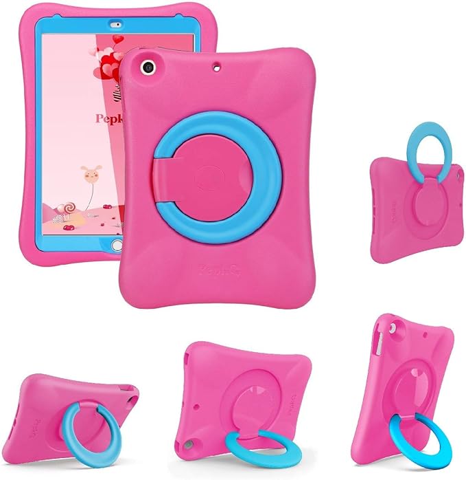 Kids Case for iPad, Shockproof Cover for 9.7” iPad 6th/5th Generation (2018/2017) / iPad Air 2 / iPad Air, Lightweight Full Body Protective Case with Foldable Handle/Stand (Pink+Blue)