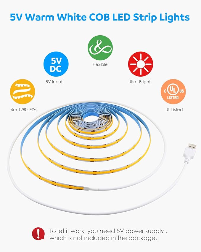 Aclorol 13.12FT/4M USB COB LED Strip Lights Warm White LED TV Backlight with Strong Self-Adhesive Flexible for Bedroom Shelves Bedframe Headboard Closet Wardrobe Display Case 320LEDs/M 3000K 8MM Width