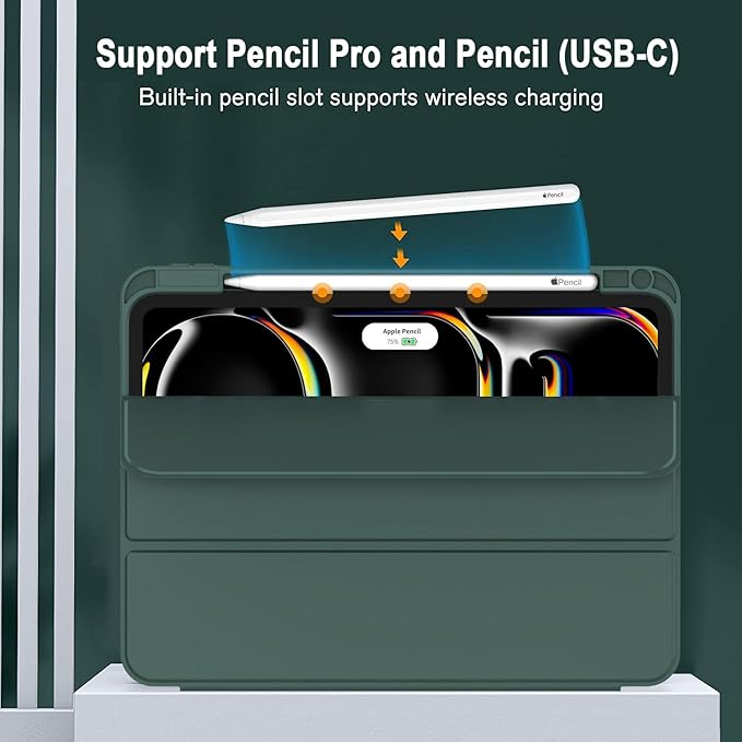 ZryXal iPad Pro 11 Inch Case (M5) 2025/ (M4) 2024 (Model: A2836/A2837/A3006), Trifold Stand Smart Cover with Pencil Holder and Soft TPU Back, Auto Wake/Sleep (Update Midnight Green)
