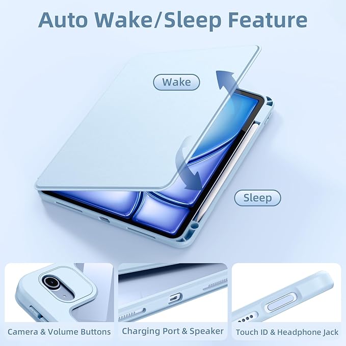 Wenlaty for iPad Air 11 inch Case (M4/M3/M2) & Air 5th/4th Gen Case 10.9 inch, for iPad Pro 11 inch 4/3/2/1 Gen,360° Rotating Cover,Detachable Magnetic Back,Pencil Holder, Auto Sleep/Wake,Sky Blue