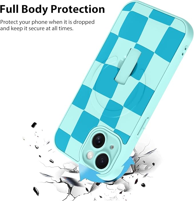 KANGHAR Compatible with iPhone 15 Case, Support for MagSafe, Silicone Checkered Cute Pattern, Wristband Kickstand Camera Protection Soft Slim Cover for Girls Women -Blue