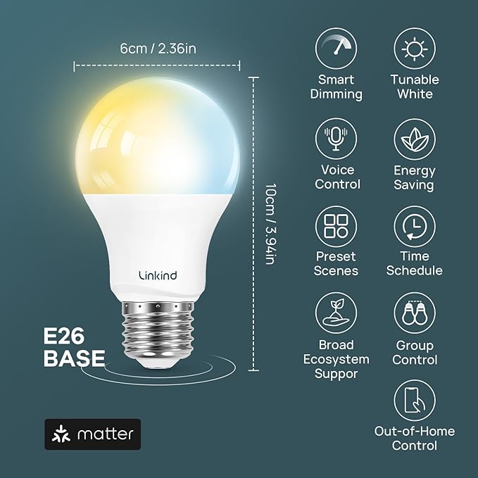 Linkind Matter Smart Light Bulb, Tunable Soft White to Daylight, Compatible with Alexa/Apple Home/Google Home, 2.4GHz Wi-Fi, 800LM 60W Equivalent, A19 E26 6-Pack