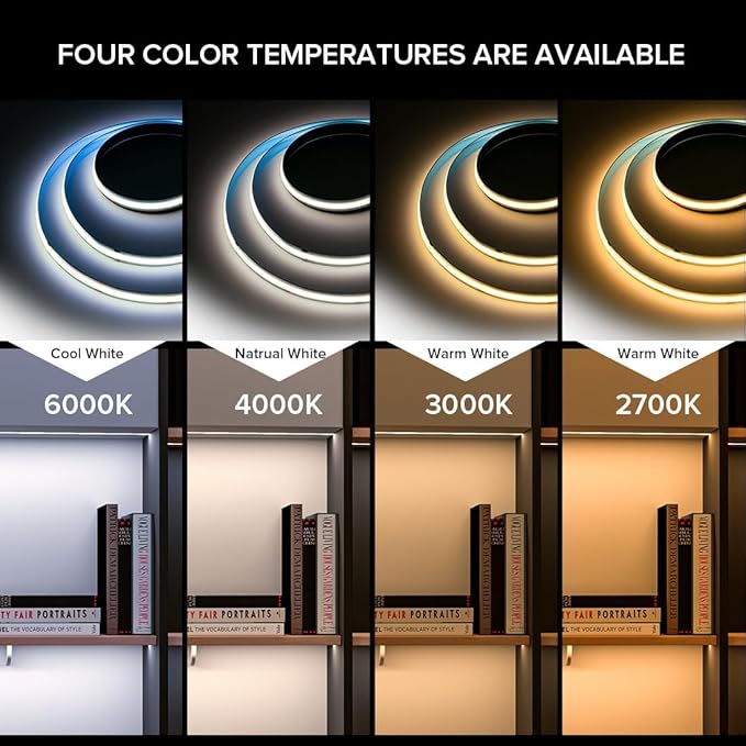 16.4FT IP65 Waterproof COB LED Strip 4000K 480LEDs/m Flexible High Density Uniform Bright LED Lights 9W/m, Dimmable 8mm DC24V COB Strips for Home Indoor Decoration, NO Power and Controller