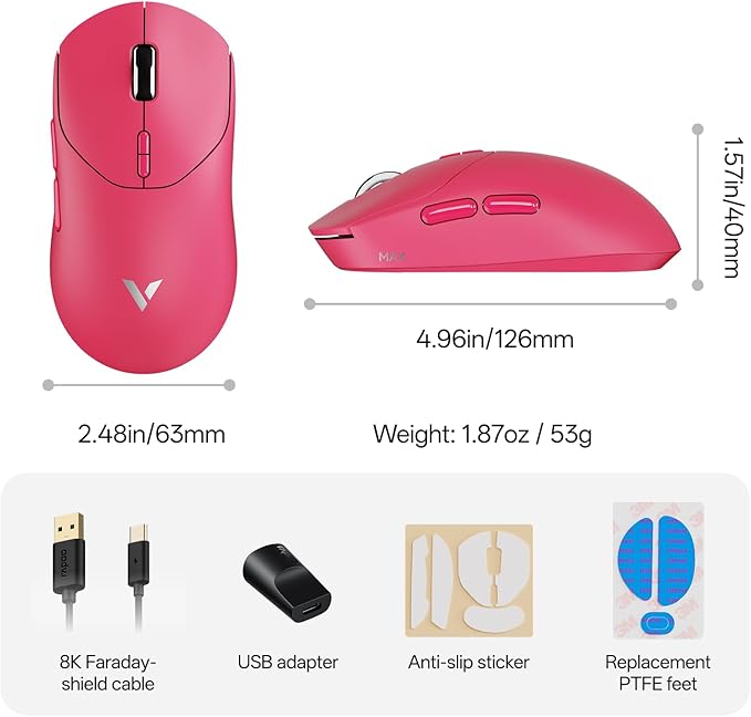 Rapoo VT2 Wireless Gaming Mouse, True 8K Wireless Polling Rate, 53g Lightweight, Up to 500 Hr Battery, Nordic nRF54L15 MCU, 100-Million Mechanical Switch, 10 Programmable Buttons, Macro Enabled