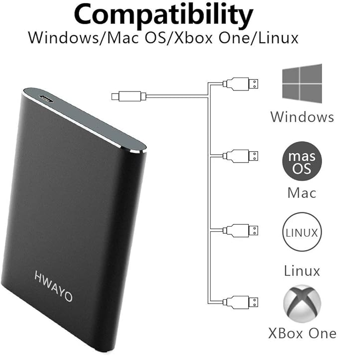 HWAYO 250GB Portable External Hard Drive, USB3.1 Gen 1 Type C Ultra Slim 2.5'' HDD Storage Compatible for PC, Desktop, Laptop, Mac, Xbox One (Black)