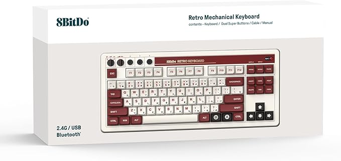8Bitdo 87 Keys Retro Mechanical Keyboard Bluetooth/2.4G/USB-C, Hot Swappable, Dual Super Programmable Buttons, Volume knob for Windows and Android - Fami Edition