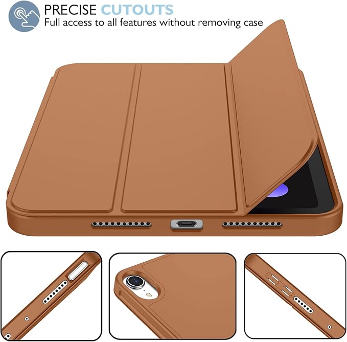 iMieet iPad mini 7 Case 2024 (A17 Pro), iPad mini 6 Case (8.3-Inch,2021 Model), iPad mini 7th/6th Generation Case with Pencil Holder, Trifold Stand Smart Case with Soft TPU Back,Brown