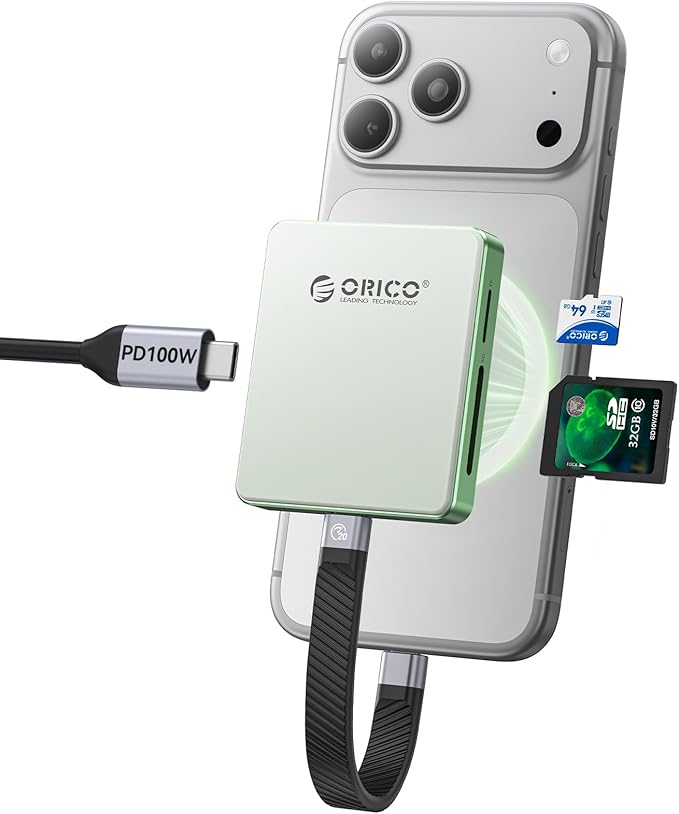 ORICO Magnetic M.2 2230/2242 NVMe SSD Enclosure for iPhone 4K ProRes Recording ith SD/TF 3.0 Card Reader PD100W Charging Port, Support for iPhone 15/16/17 Series Laptop Tablet- Diskless AP42F Green