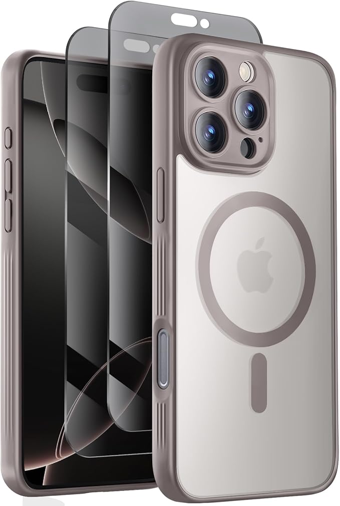 Symcele Designed for iPhone 16 Pro Max Case, Compatible with MagSafe, with Privacy Screen Protectors X2, [Camera Protection] [15FT Drop Protection] Shockproof Phone Case, 2024, Natural Titanium