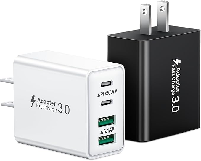 2-Pack USB C Wall Charger, 40W Fast USB C Charger Block, 4-Port Dual PD Power Adapter+ QC Multiport USB Wall Plug Double Type C Charging Block for iPhone 16 15 14 13 12 11 Pro Plus Max XR, Samsung