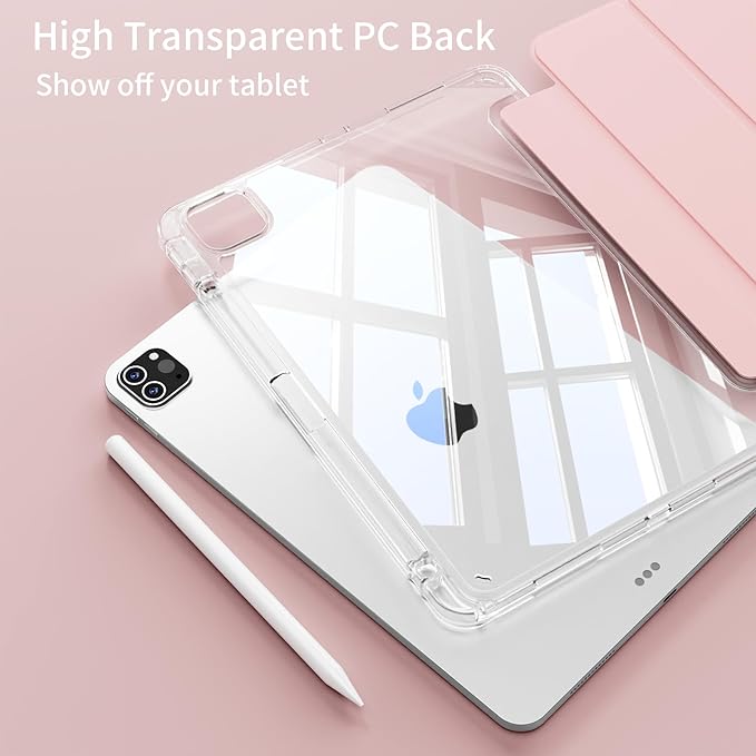Case for iPad Pro 11 Inch 4th 2022, Pro 3rd/ 2nd Generation 2021/2020 with Pencil Holder, Shockproof Slim Cover with Clear Hard PC Back Shell for iPad Pro 2022/2021/2020, Auto Sleep/Wake, Pink
