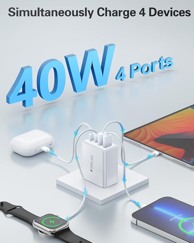 2-Pack iPhone 16 15 Fast Charger Block with 6FT USB C Cable, 40W 4-Port USB C Charging Block for iPhone 16 15 Pro Max Plus Series/iPad Pro, Samsung, Multi Wall Plug Power Adapter Charger Box Brick