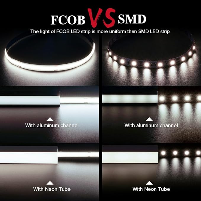 BTF-LIGHTING FCOB COB LED Strip 528LED/m Flexible High Density Uniform Light 14W/m 16.4FT DC12V Natural White 4000K CRI 90+ 10mm Width for Home Indoor Decoration(No Adapter or Controller)