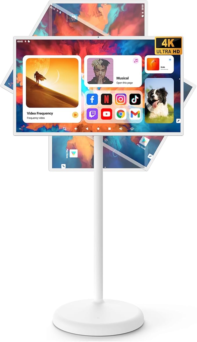 YAOKIREN 32" Smart Portable TV, 4K/1080P Mobile TV, Android OS, 6GB+128GB, Built-in 15000mAh Battery, 13MP Camera for Video Calls, Swivel Rotating Stand, Voice Remote, Wireless Smart Display